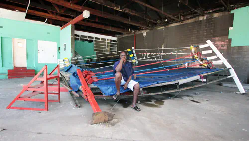 George Khosi and his boxing ring after it was hit by a car