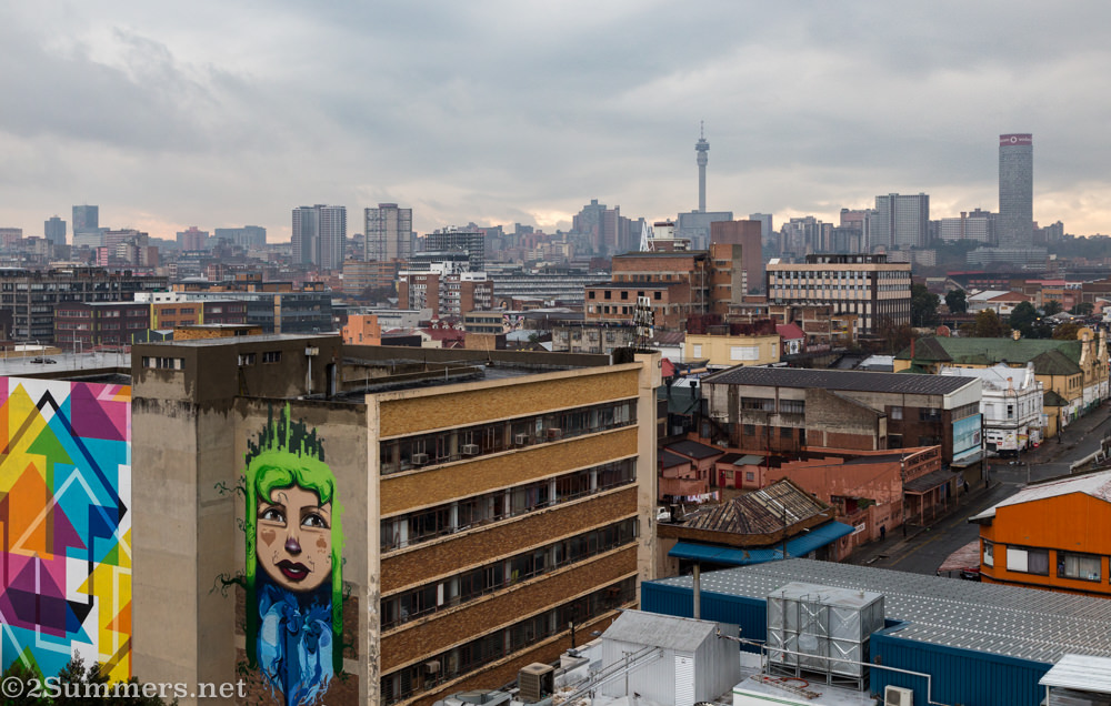 View of the Joburg skyline from the roof of Bjala Square in Jeppestown.