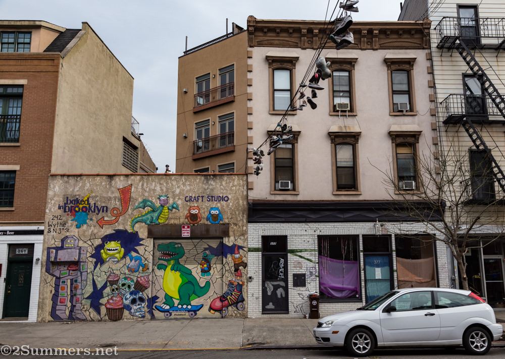 Street art and hanging shoes