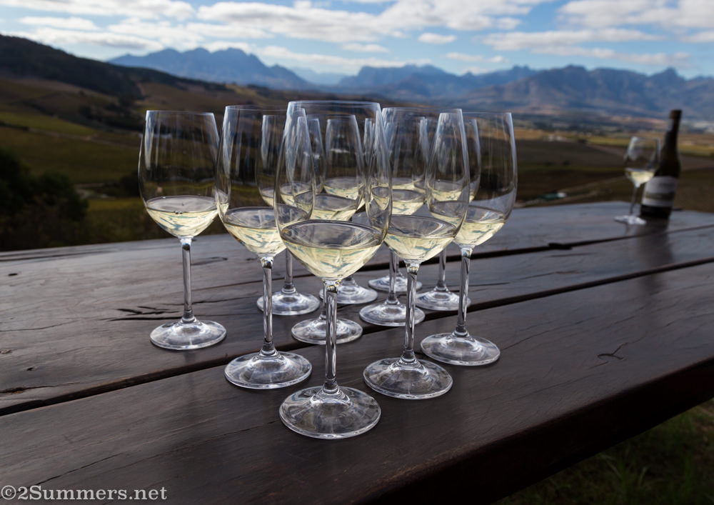 View and wine glasses at Jordan Wines in Stellenbosch