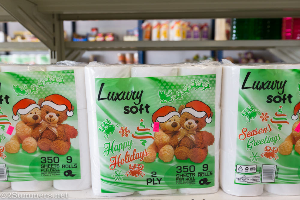 Christmas-themed toilet paper at Crazy Groceries