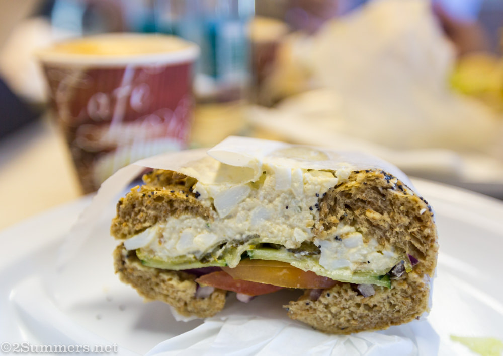 Bagel sandwich with coffee