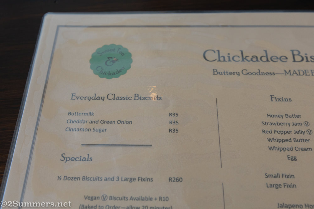 Sweet Tea and Chickadee menu