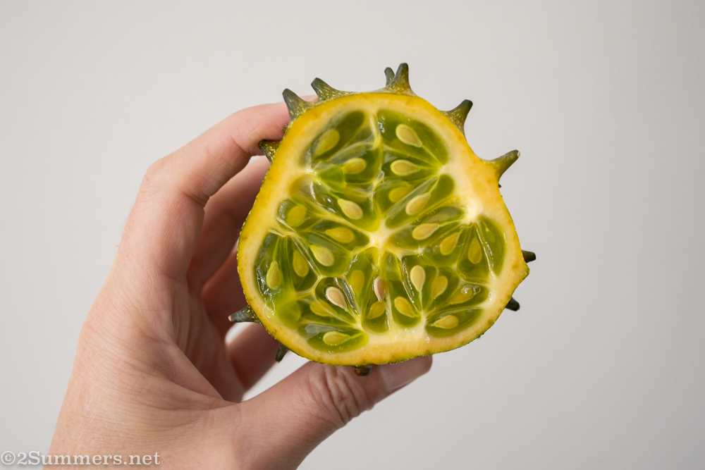 Horned cucumber cut in half