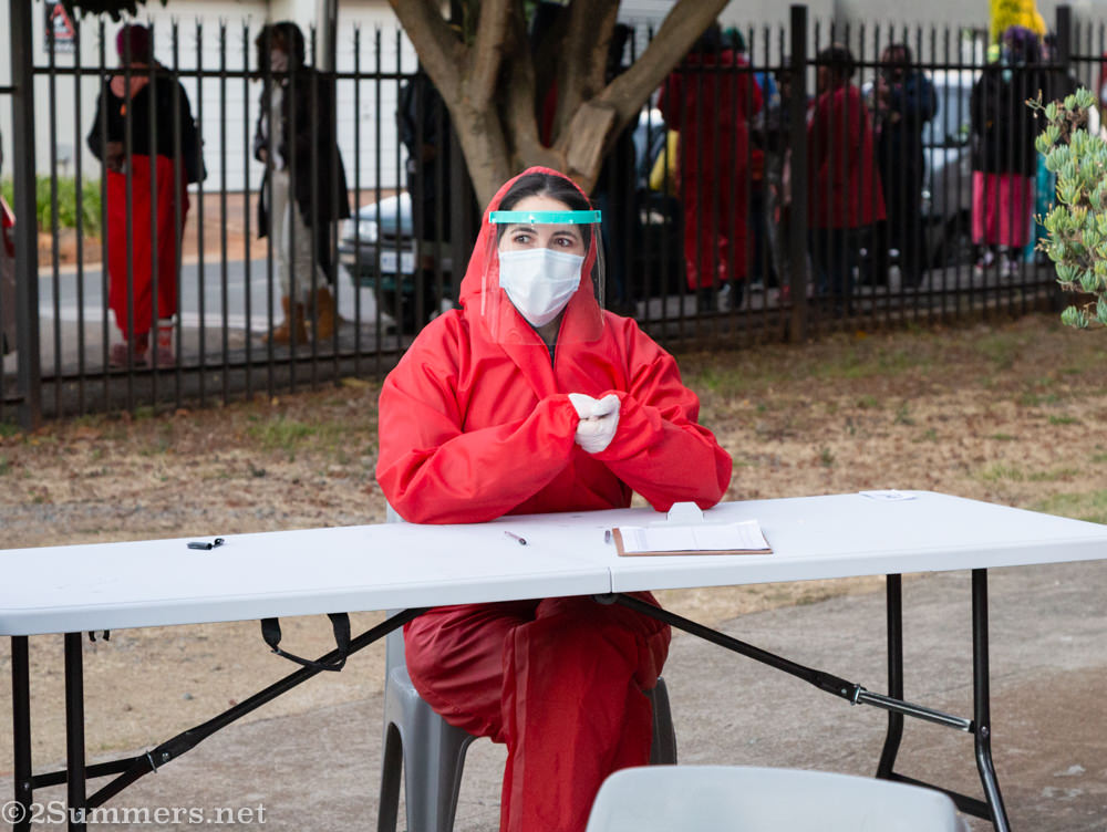 Kathryn in a hazmat suit