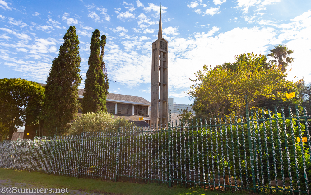 Ribbons stretching down the side of the church