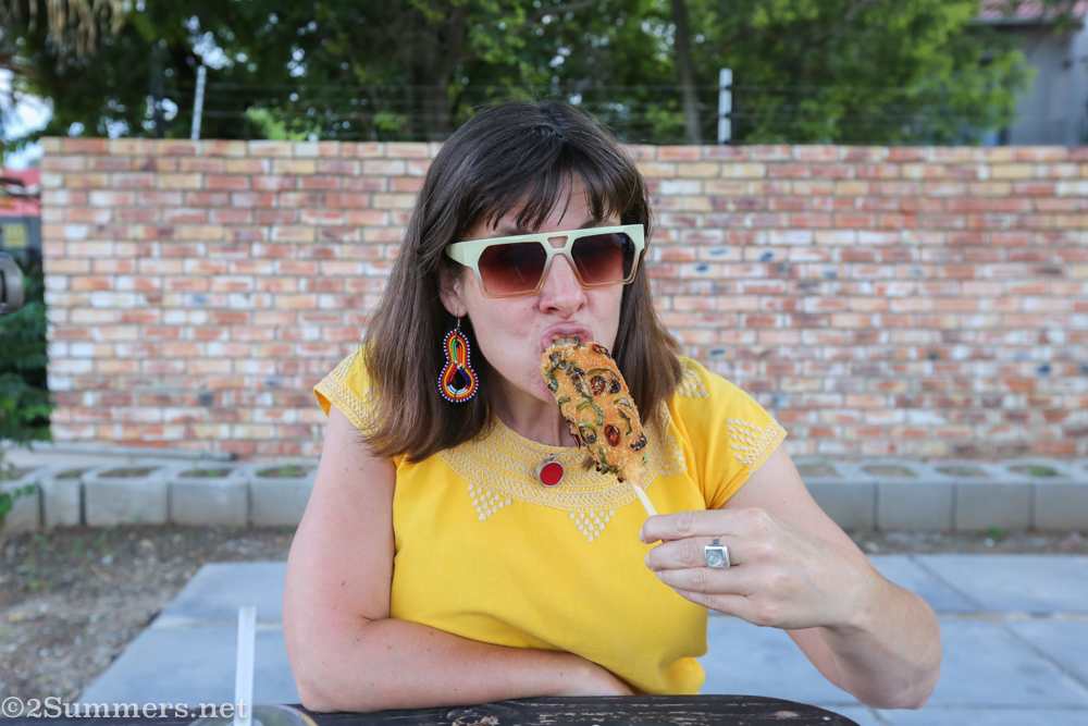 Eating the jalapeño corn dog