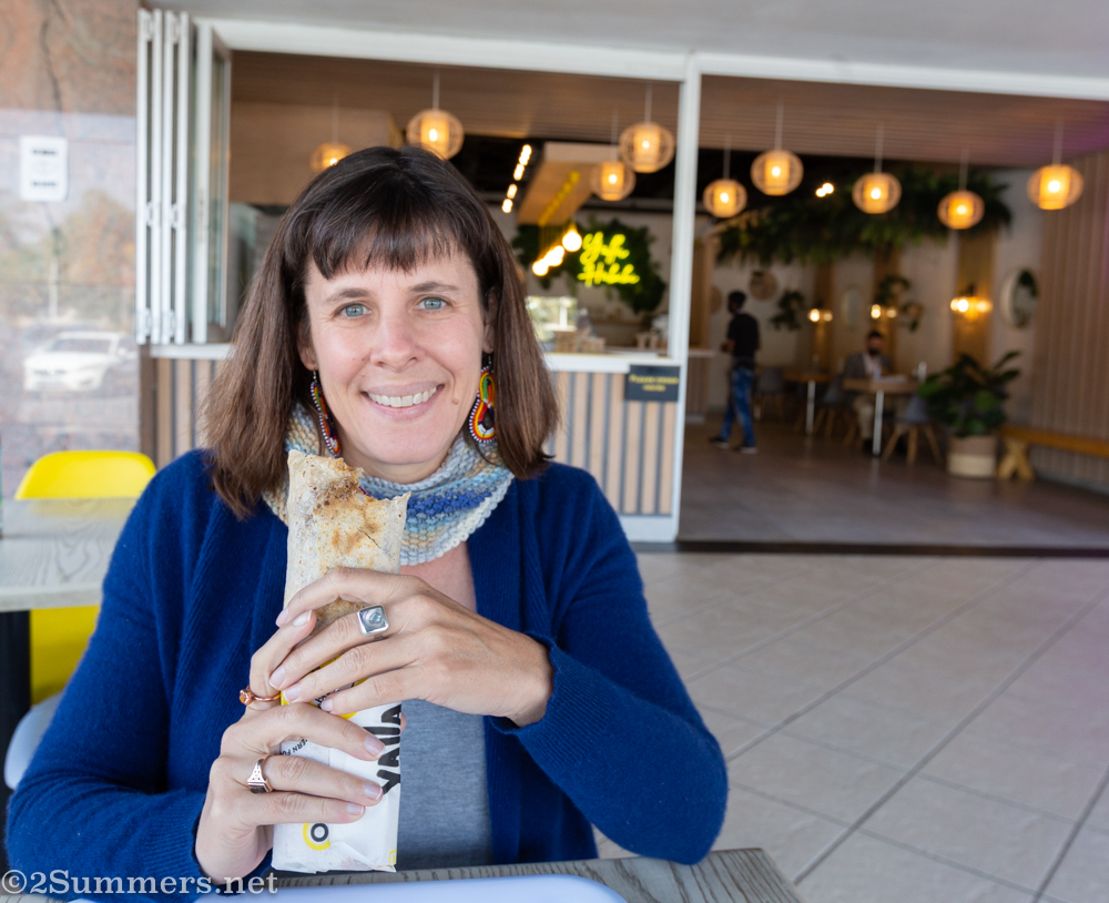 Heather eating beef shawarma