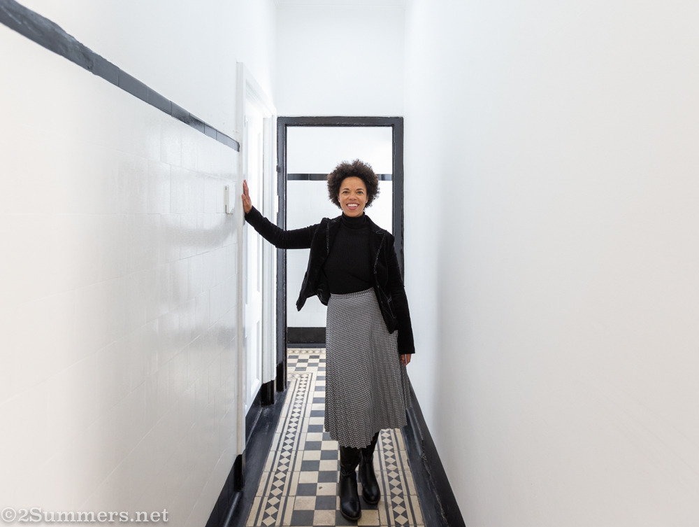 Alicia in a fancy bathroom