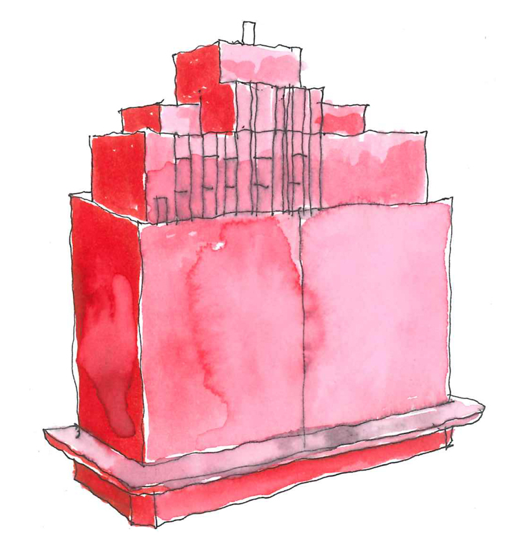 Watercolor building by the Thinking Hand