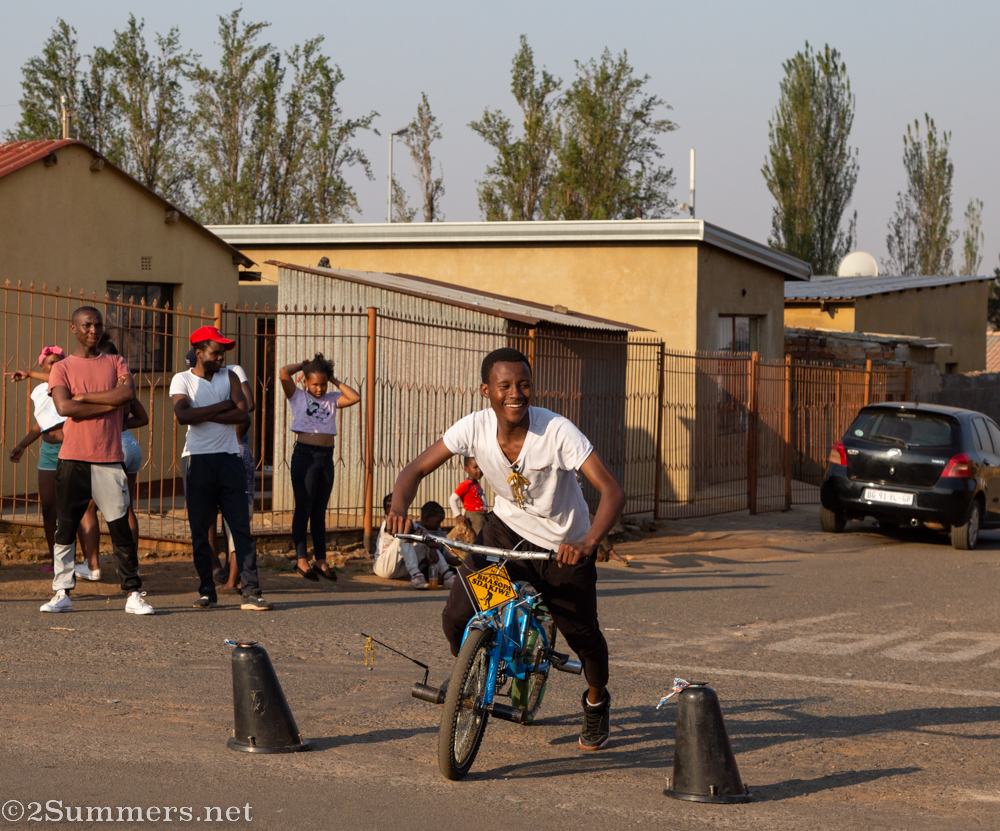 In the kitchen on a bike