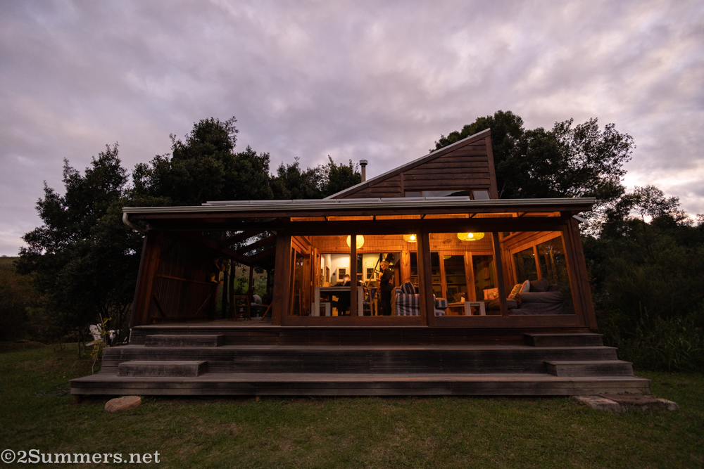 Timber house at night