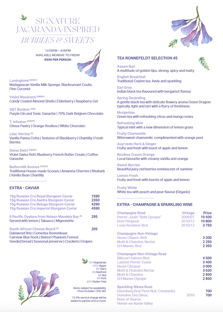 Bubbles and Sweets menu