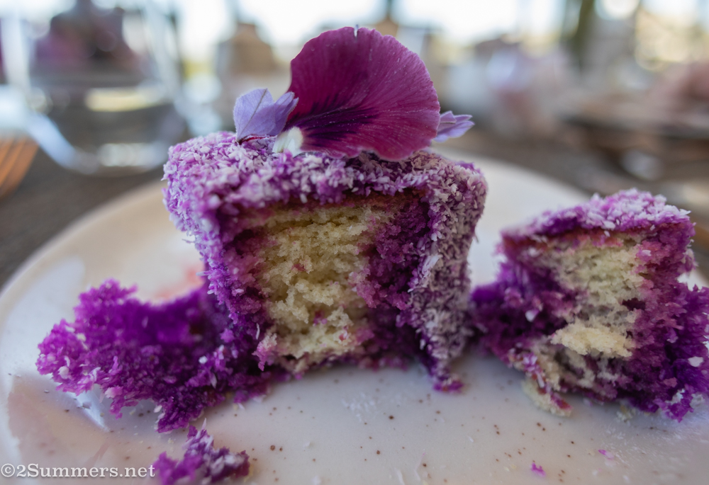 A purple lamington at the Four Seasons Westcliff Bubbles and Sweets experience