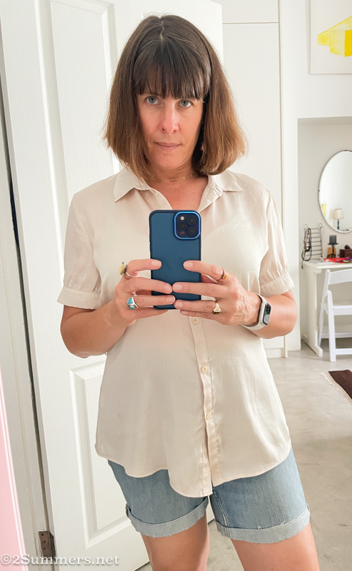 Heather in white button-down