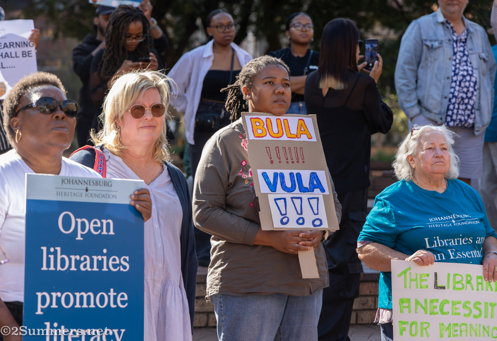 Flo Bird at the library protest