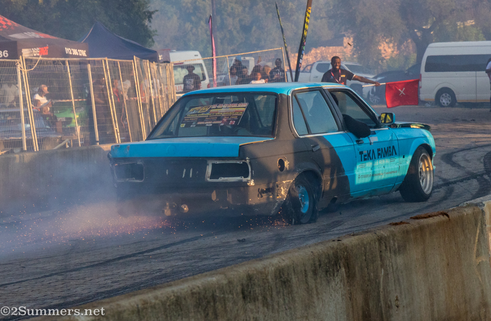 Sparks coming off rear wheels of car