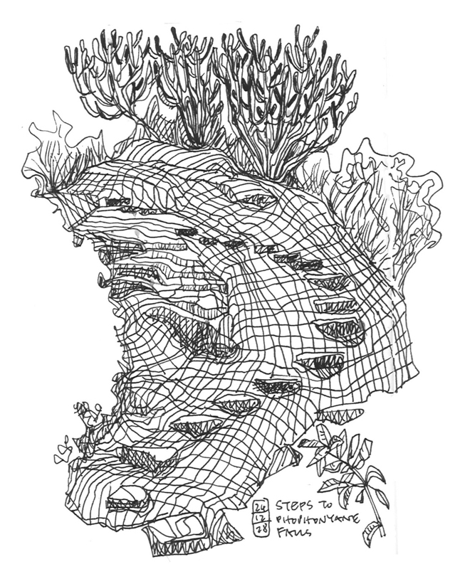 Stone steps going up from the waterfall