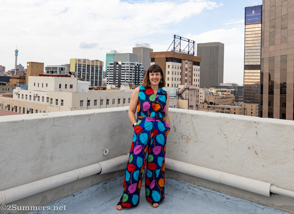 Heather on a rooftop in downtown Joburg in her Caraci jumpsuit